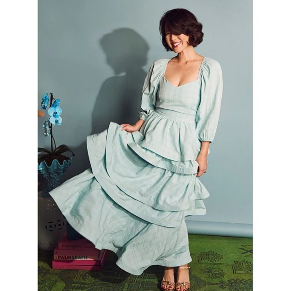 Buru Sweetheart Neck 3/4 Balloon Sleeve Textured Stripe Smocked Top & Skirt Set - Picture 1 of 16
